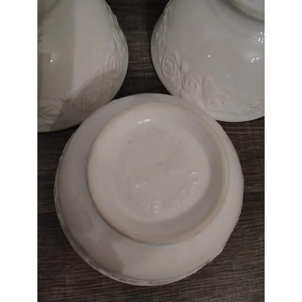 6 Quadrifoglio Ceramica White Rose Embossed Salad Bowls Italy Vintage Style